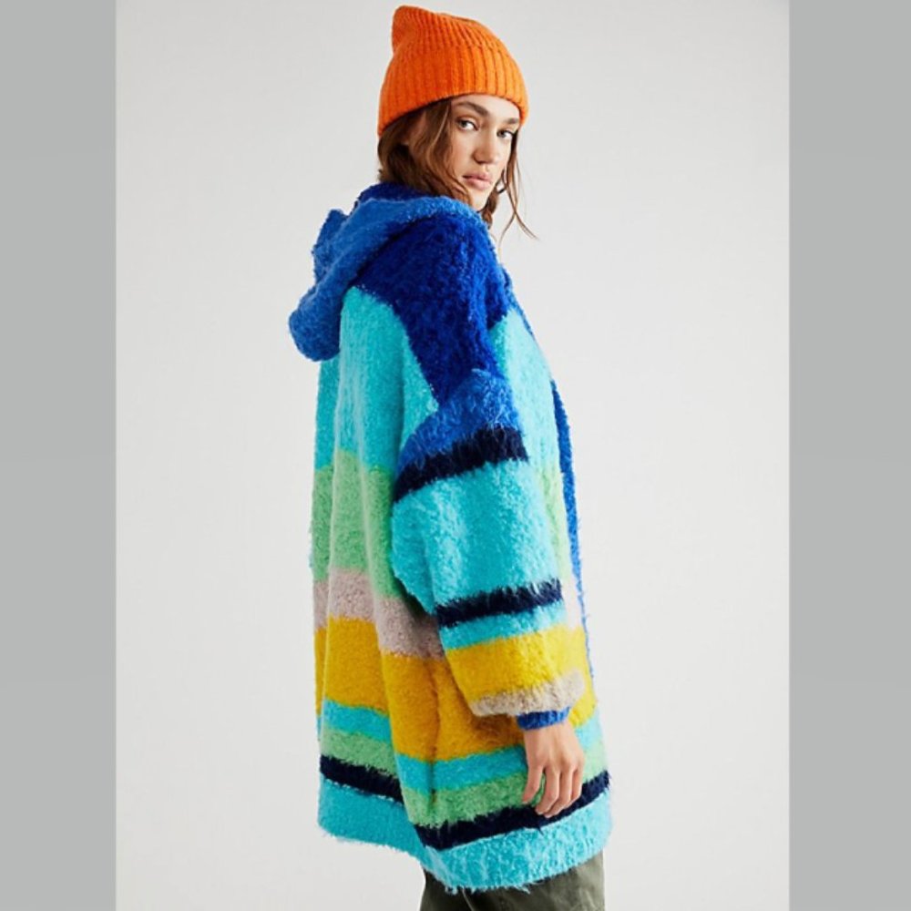 Free People Dream Team Cardigan Stripe Hooded Sweater Sunny Skies Size L - Picture 1 of 15